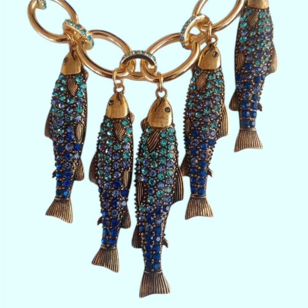 BETSEY JOHNSON Mermaid Jewels Blue Crystal-Studded Fish Charm Bib Necklace NWT - Picture 3 of 6
